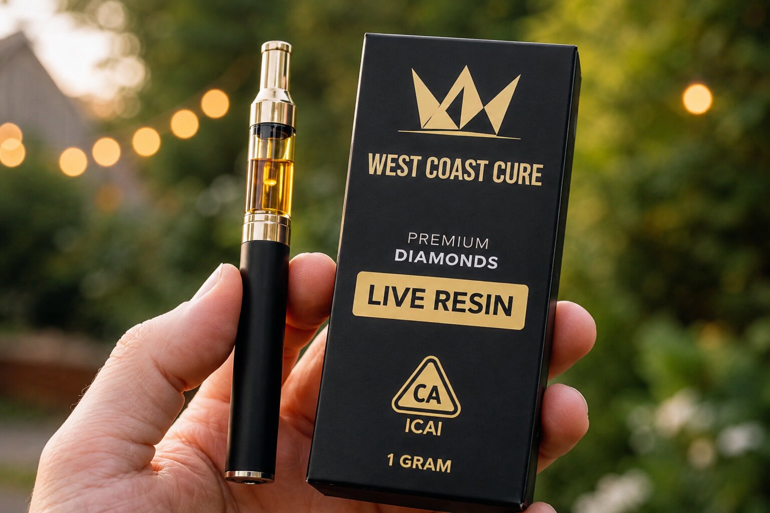 West Coast Cure live resin cartridge and packaging held outdoors in warm natural light